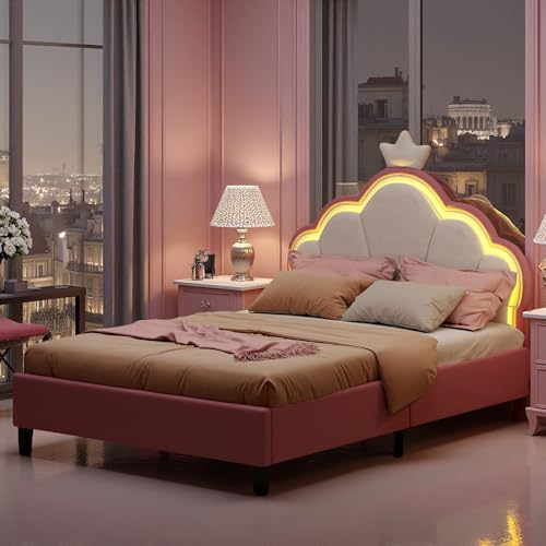 UTTQEW - Cama infantil acolchada 90 x 200 cm, cama individual para niña con cabecera ajustable y LED, concha con somier de láminas, terciopelo rosa y blanco (sin colchón) (rosa, 90 x 200 cm)