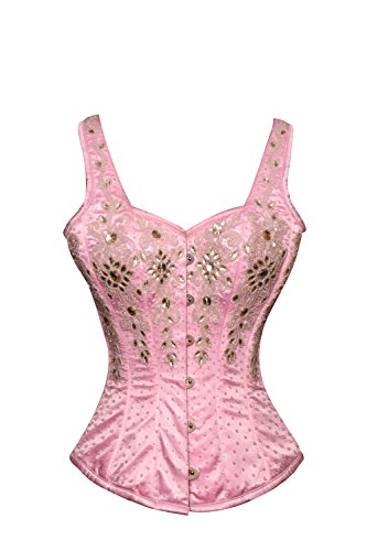 Pink Satin Silver Sequins Shoulder Straps Burlesque Bustier Overbust Corset Top