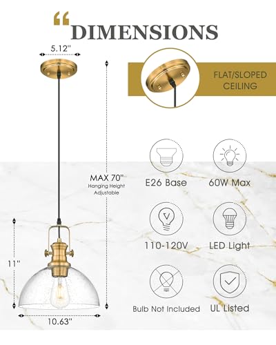 Image of 10.5 inch Gold Pendant Lights Kitchen Island, Seeded Glass Shade | Farmhouse Vintage Hanging Light for Dining Room, Clear Seeded Glass Shade, Adjustable Height, E26 Base, AD-22151-1PL-GD