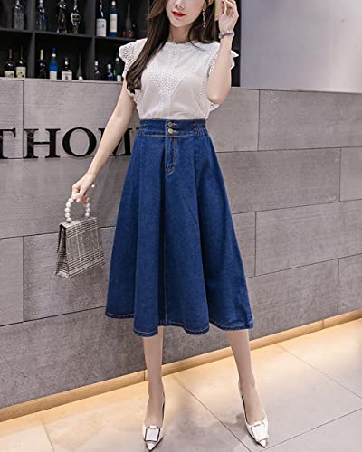 ebossy Women's Elegant High Waisted A-Line Flared Midi Long Denim Skirt with Pocket4