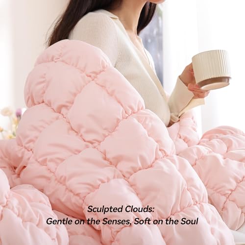 Image of JANZAA Full Size Comforter Sets, Blush Pink Comforter with Puff Plaid Fluffy Comforter Set, Cloud-Like Soft Cozy Bedding Set, Lightweight Warm Bedroom Decor for All Season with 2 Pillowcases