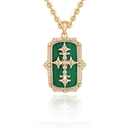 Fettero Necklaces for Women Trendy 14K Gold Plated Charm Necklace Green Malachite Heart Coin Butterfly Cross Clover Pendant Dainty Gold Necklace for Women Jewelry