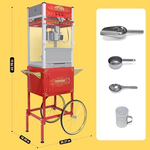 Image of Commercial Popcorn Machine with Cart & Wheels 丨 Popcorn Maker with 22OZ Stainless Steel Kettle丨 Pop corn Machine Maker for Home, Theater, Parties, Red
