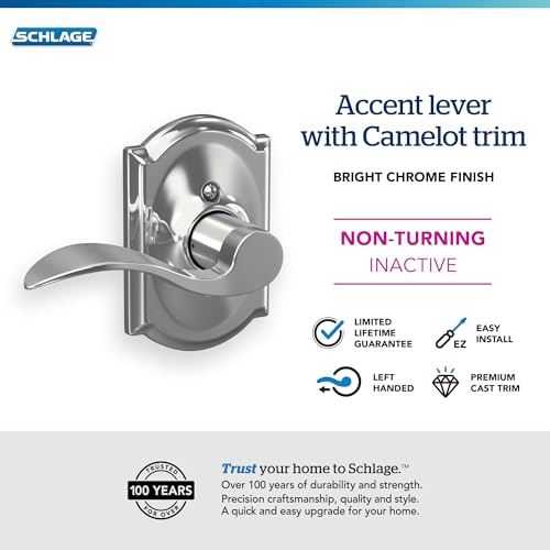 Image of Schlage Accent Lever with Camelot Trim Non-Turning Lock in Bright Chrome - Left Handed - F170 ACC 625 CAM LH