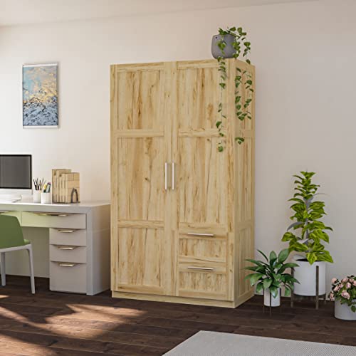 Wersmt Wood Color Two Doors Two Drawers Big Wardrobe Closet Bedroom Armoires, 39.4" W X 19.5" D X 70.87" H, Oak #TOP6