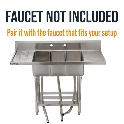 Image of Freestanding Stainless Steel Utility Sink with Hot & Cold Pull-Out Faucet, Large Capacity Laundry Sink with Storage Shelf & Drain Kit for Garage Kitchen Backyard Commercial Use