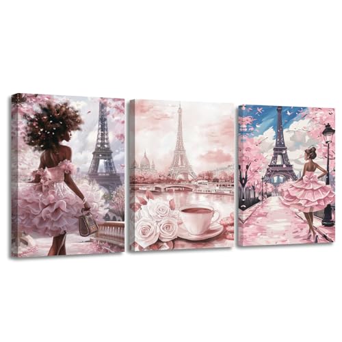 Image of PBXBJY Paris Wall Art Eiffel Tower Pictures 3Pcs African American Paintings Abstract French Landscape Posters Elegant Women Canvas Prints Black Girls Bedroom Decor (Pink, (16 inch x 24 inch x 3PCS))