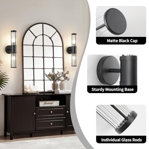 Image of 19.69 inch Modern Bathroom Wall Sconce Light Fixture, Black Glass Rod Vanity Light with E12 Base, Up or Down Mounting for Mirror Makeup Lighting (Bulbs Not Included)
