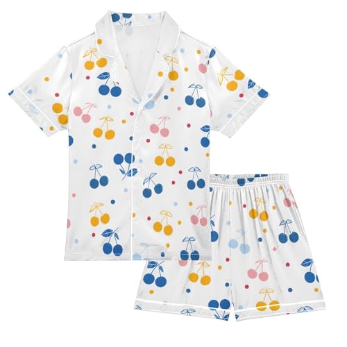 Colorful Cherry Dots Pajamas Set Soft Satin Pjs Sets 2 Piece Short Sleeve Sleepwear Casual Loungewear