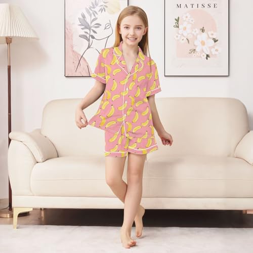Banana Pink Pattern Summer Pajamas Set Silk PJS Set Satin Sleepwear Short Sleeve Button Down Nightwear 5-14Y3