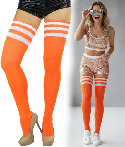 Image of ToBeInStyle Women's Heavyweight Knit Thigh High Long Socks w /Contrast 3 Stripe Top Band