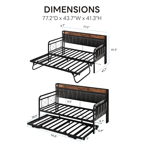 Image of LIKIMIO Twin Daybed, Day Bed with Trundle, Storage Upholstered Headboard and Charging Station, Trundle Bed with Strong Supports for Living Room, Bedroom, and Guest Room, Black