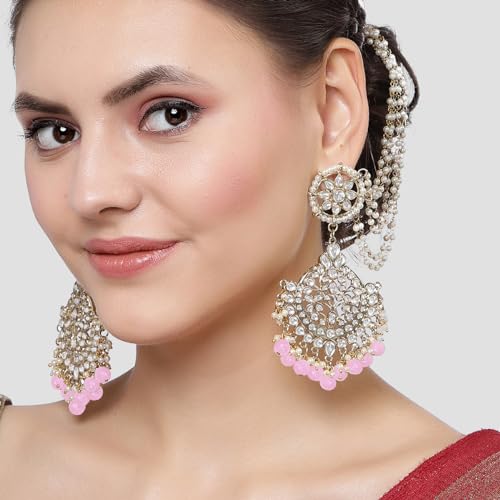 Image of Karatcart Gold Plated Pearl Beaded Kundan Kaanchain Earrings for Women