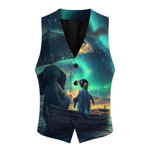 Northern Lights Elephant Penguin on Boat Mens Slim Fit Suit Vest Dress Waistcoat Casual Business Vest4