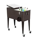 Puluomis 80 Quart Outdoor Patio Cooler Cart, Wicker Pattern Beverage Rolling Cooler on Wheels, Rolling Ice Chest with Bottle Opener, Brown