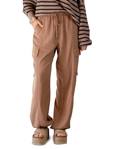 August Sky Women's Cargo Jogger Pants - Drawstring Elastic Waist Relaxed Fit Casual Tapered Pants Brown