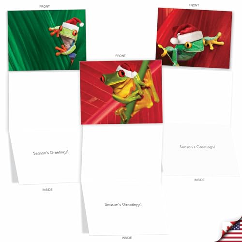 Image of The Best Card Company - 10 Holiday Note Cards for Christmas - Festive Bulk Assortment, Boxed Notecards with Envelopes (4 x 5.12 Inch) - Yule Frogs M1754XS