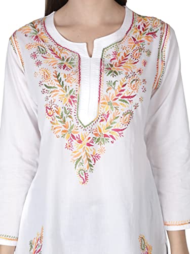 Image of Seva Chikan Hand Embroidered Lucknowi Chikankari Cotton Short Kurti Tunic Top for Women SCL4076