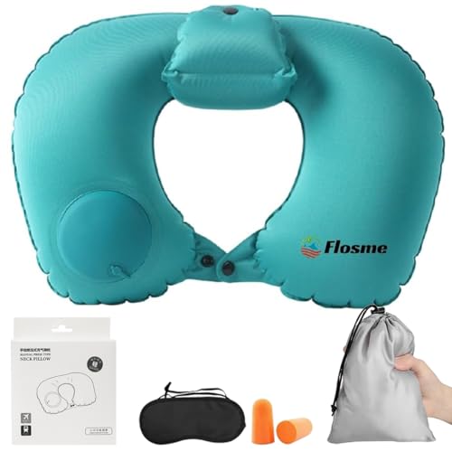 Flosme ネックピロー 超軽量 コンパクト手動プレス式 携帯枕U型【ヘッドレスト付き】ら ダブルバルブ 空気枕 折り畳み 持ち運び便利 首枕 車 新幹線 休憩 オフィス ト 飛行機 長距離 旅行枕 収納ポーチ アイマスク 耳栓付き-グリーン