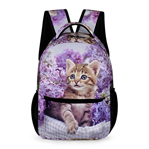 Niapessel Kids Backpack for School, Cute Kitten Purple Flower Pattern Students Bookbags School Bags Girls Boys