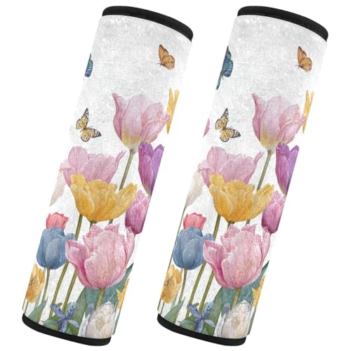 Image of Light Pink Tulips Butterfly Seat Belt Cover Pad 2 Pcs Soft Cute Seatbelt Covers Protector Support Head Neck Shoulder Strap for Car Seats High Chair Backpack for Adults Kids Women Men 6.5x6.5In