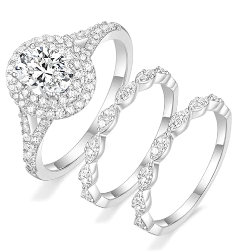TIGRADE 1.5CT Bridal Ring Sets Oval Cut Cubic Zirconia Wedding Band Halo CZ Engagement for Women Size 3.5-12