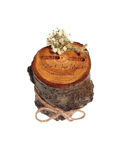 Porta alianças casamento tronco personalizável, tronco porta anéis, suporte alianças modelo Noruega fabricado em madeira natural, inclui flores naturais