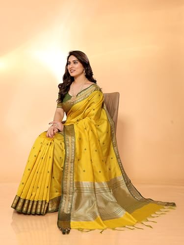 Image of Sidhidata Women's Cotton Silk Jacquard Boardered Saree With Unstitched Blouse Piece (Kalyani)