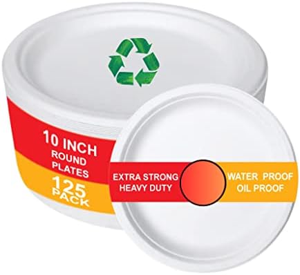 KIKOOOZ 100% Compostable Heavy-Duty 10 INCH (125 pack) Disposable White Paper Plates (Bagasse) Made of Natural Sugarcane Fibers Eco-Friendly