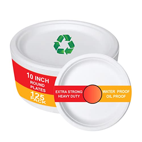 Kikoooz 100% Compostable Heavy-Duty 10 Inch (125 Pack) Disposable White Paper Plates (Bagasse) Made Of Natural Sugarcane Fibers Eco-Friendly #TOP19