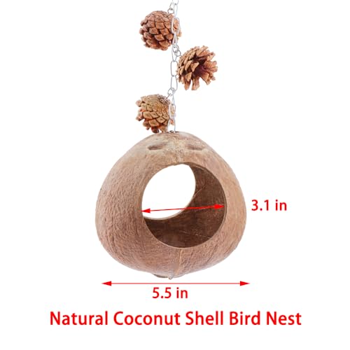 Image of VTurboWay Natural Coconut Shell Bird Nest with Coconut Fiber Mat Breeding Nesting Anti-Pecking Bite for Small Bird Parrot Cockatiel Conure Lovebird Canary Finch