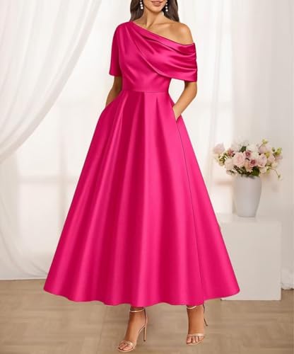 Tea Length Satin Mother of The Bride Dresses for Women Wedding One Shoulder Formal Evening Gown with Pocket2
