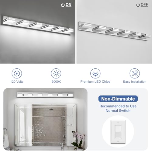 Image of LED Modern Bathroom Light Fixtures, 6-Light 48-Inch Chrome Vanity Lights for Bathroom Lighting Fixtures Over Mirror, 6000K Cool White 350 Rotatable Wall Lamp