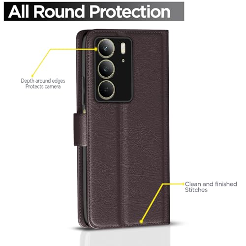 Image of Pikkme Flip Cover Leather Finish | Inside TPU with Card Pockets | Wallet Stand and Shock Proof | Complete Protection Button Flip Case for Realme C75(Coffee)