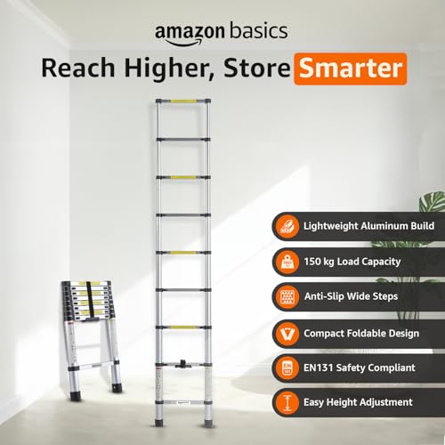 Image of Amazon Basics 2.6m (8.5 feet) Portable & Compact Aluminum Telescopic Ladder | 2-Year Warranty | EN131 Complied 9-Steps Foldable Multipurpose Step Ladder for Home & Outdoor use