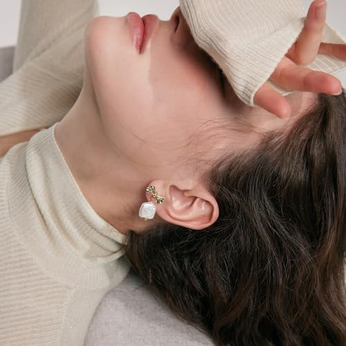 FarF&ME Pearl Earrings for Women - 18K Gold Plated Statement Baroque Pearl Dangle earrings, Lightweight Elegant Bow Drop Earrings For Wedding, Bridal, Beach.4