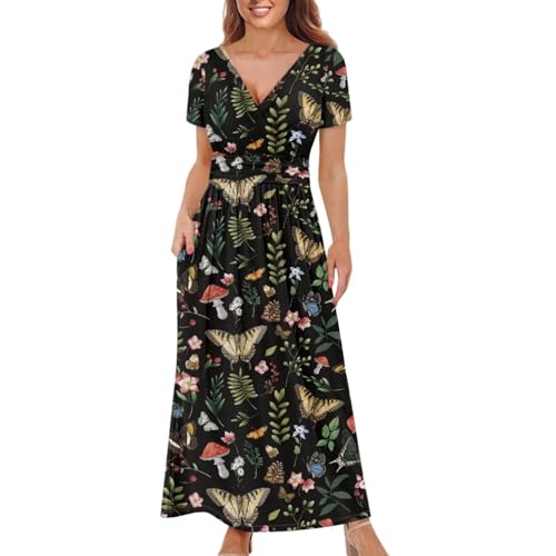 Image of Women's Fall Summer Short Sleeve Ankle Length V-Neck Party Dress with Pockets Size S-3XL