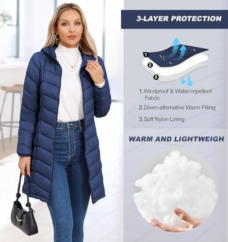 SLOWTOWN Women’s Packable Puffer Coat Lightweight Hooded Puffer Jakcet Mid Length Warm Winter Coat4