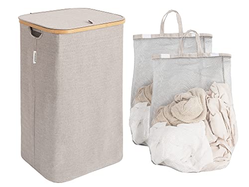 Image of StorageWorks 100L Large Laundry Hamper with Lid, Tall Clothes Basket with Bamboo Handles and 2 Removable Inner Bag, Collapsible Hampers for Clothing, Toys, Towels, Brown and Beige, 1-Pack