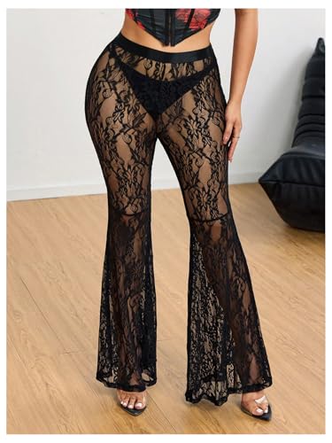 SweatyRocks Women's Sheer Lace Flare Pants High Waisted Flowy Party Bell Bottoms Trousers4
