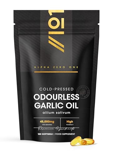 Odourless Garlic Oil Pearls 45 000mg - 180 Softgel Capsules (One per Day) - Cold Pressed & Deodourised Garlic Supplement Resealable and Recyclable Pouch by Alpha01