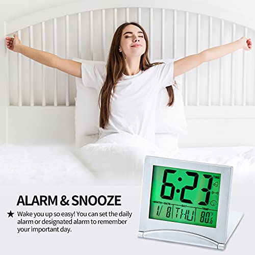Image of KANBIT Small Digital Travel Alarm Clock Battery Operated, Portable LCD Large Display Alarm Clock with Backlight, Temperature Desk Clock -Silver(Green Light)