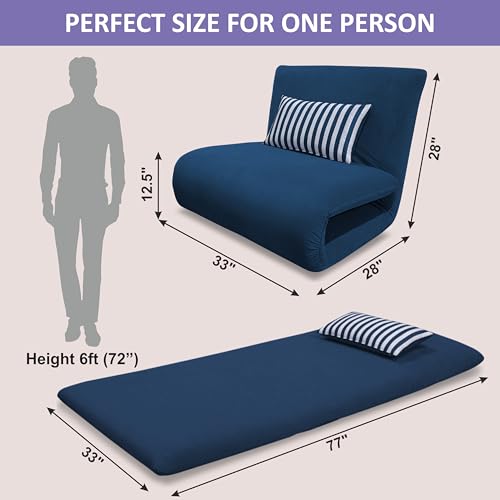 Image of Adorn India Easy Multi Mode 1 Seater Sofa Cum Bed | Velvet Fabric | Blue | Stripes Design | Comfortable Seating | Washable Cover | Perfect for Home & Office