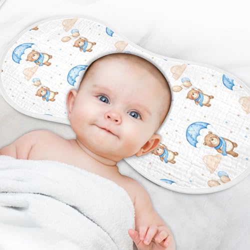 Cozy Bear Motif Muslin Burp Cloths for Baby 4-Layer Absorbent Cotton Large 22" x 11" Soft Spit Up Rags for Newborns Boys Girls, 2 Pack4
