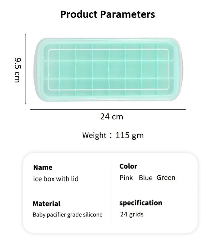 Image of Silicone Ice Cube Trays with Lid Cover, 24 Cavities Flexible Moulds for Freezer, Stackable, Multicolor, 1 Piece (Green)