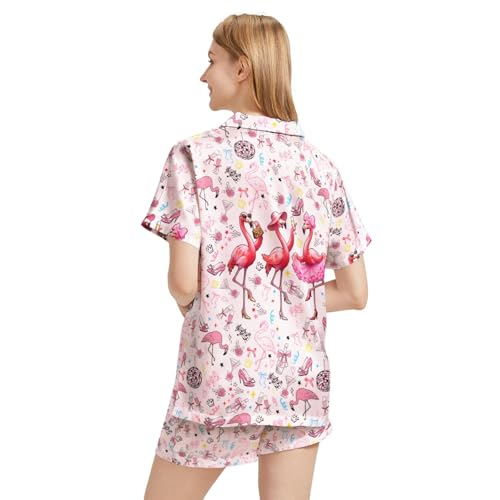 Image of Funny Satin Pajamas Set for Women Button Down Sleepwear Print Pjs Set 2 Piece Short Sleeve Loungewear Gift for Women