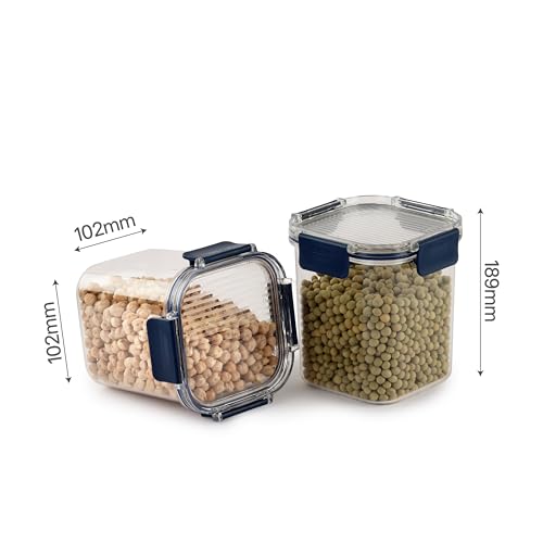 Image of CELLO Stacklock Square Pet Storage Jar for Kitchen Set of 2 Pieces, 900 ml Blue | Freezer & Fridge Safe, Airtight Stackable Pet Kitchen Storage Box Jar Container Set for Beans, Whole Grains, Spices