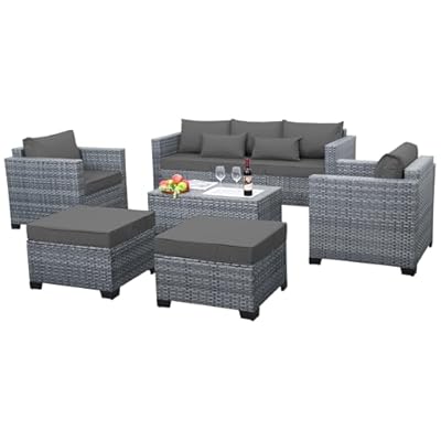 Lviden 6 Pieces Wicker Patio Furniture Sets Outdoor Conversation Set HDPE Rattan Sectional Sofa Couch with Storage Table and Grey Cushions