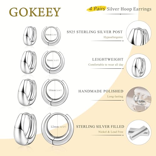 Silver Hoop Earrings Set for Women, Hypoallergenic Small Huggie Earrings Sterling Silver Chunky Silver Earrings for Women Trendy, Silver Hoop Earrings Set for Mulpitle Piercing Stack Cartilage Jewelry Statement Earrings Gifts4