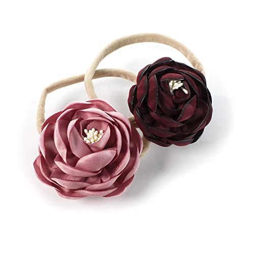 My Lello Baby Girl Ranunculus Flower Stretchy Nylon Elastic Headbands Set 2pcs - Small - Rosy Mauve/Burgundy